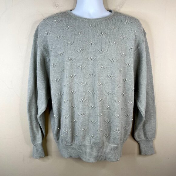 Vintage Y2K Womens Cozy Pearl Embellished Rabbit Hair Sweater 2X Gray Neutral - Picture 1 of 9